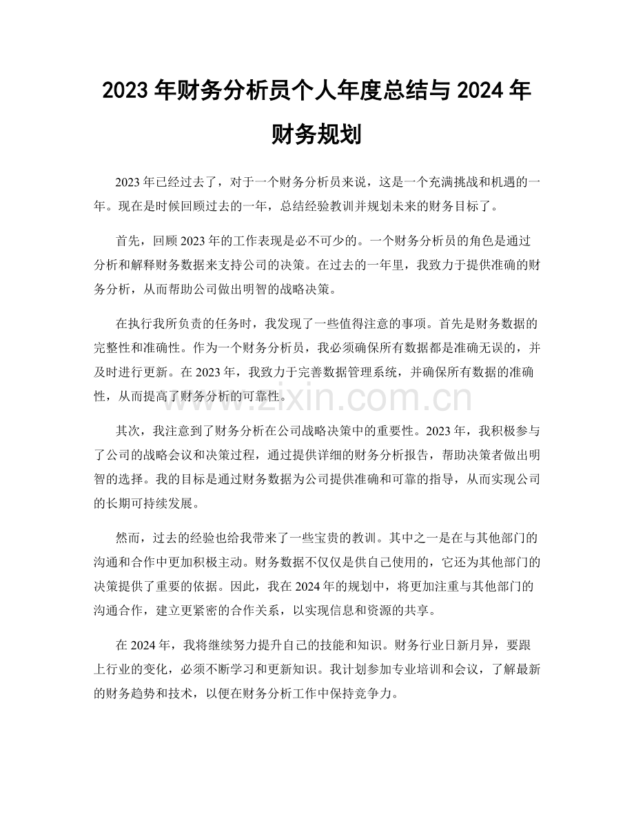 2023年财务分析员个人年度总结与2024年财务规划.docx_第1页