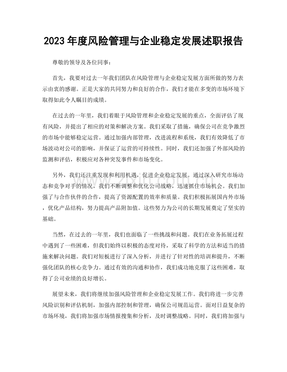 2023年度风险管理与企业稳定发展述职报告.docx_第1页