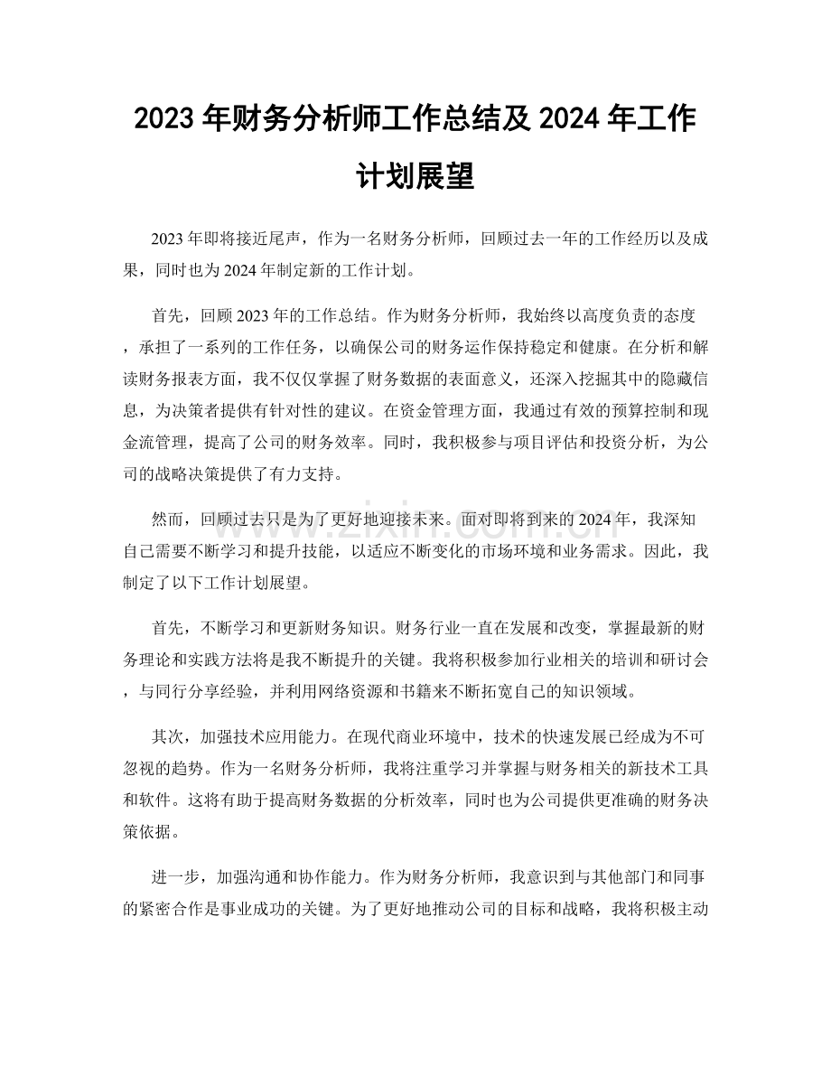 2023年财务分析师工作总结及2024年工作计划展望.docx_第1页