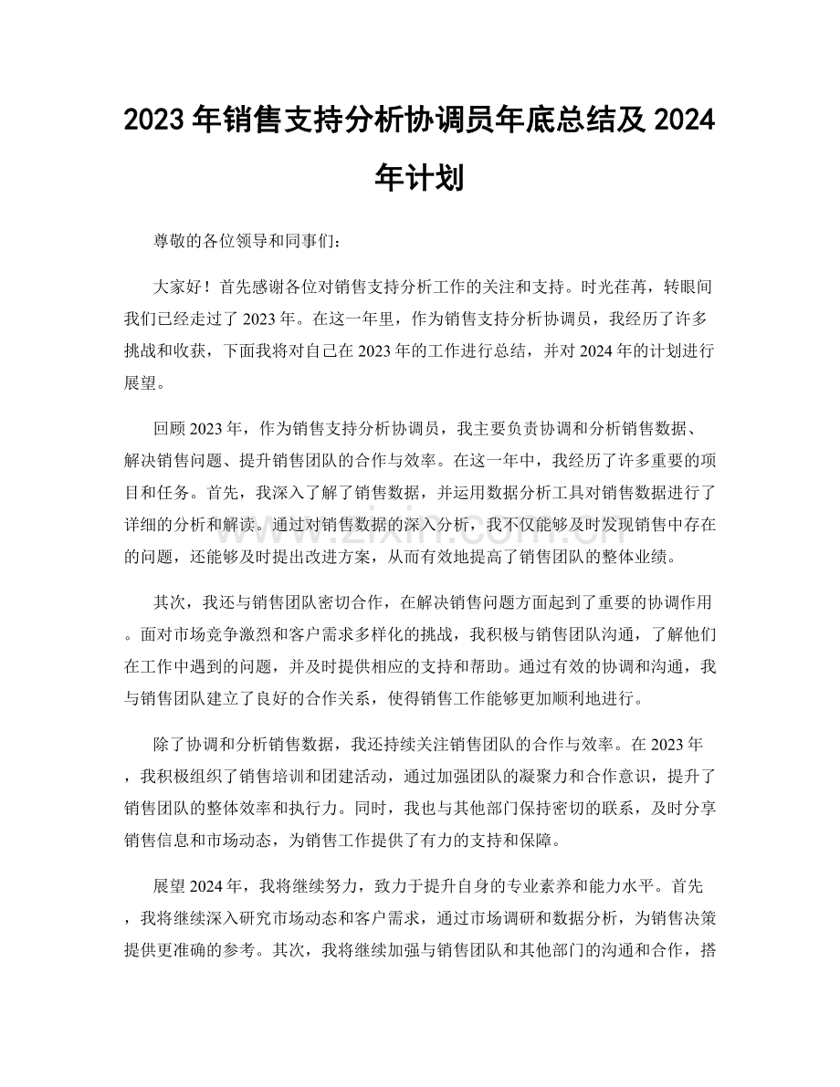 2023年销售支持分析协调员年底总结及2024年计划.docx_第1页