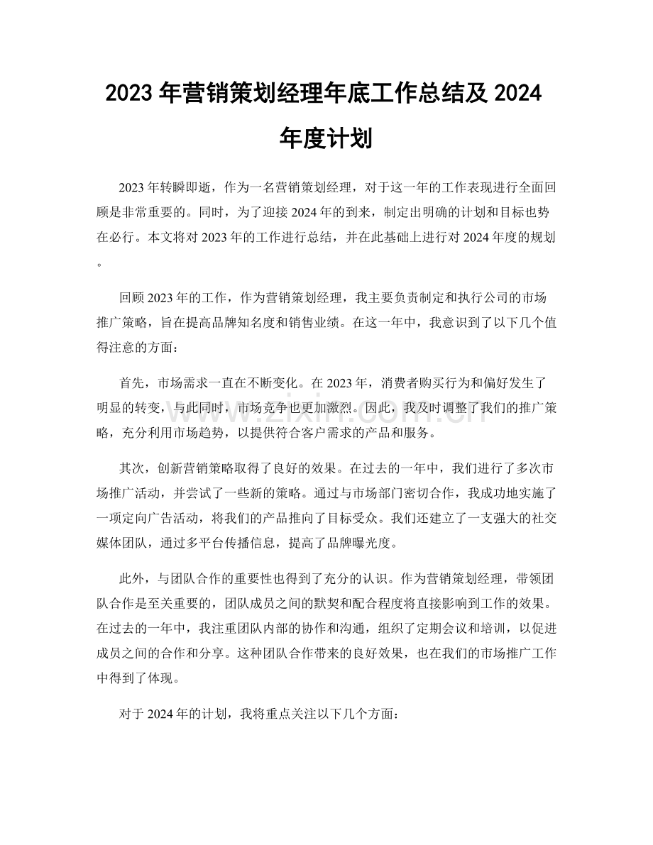 2023年营销策划经理年底工作总结及2024年度计划.docx_第1页