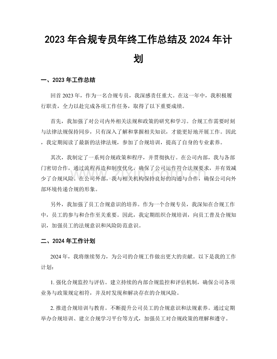 2023年合规专员年终工作总结及2024年计划.docx_第1页