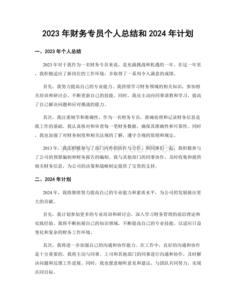 2023年财务专员个人总结和2024年计划.docx_第1页