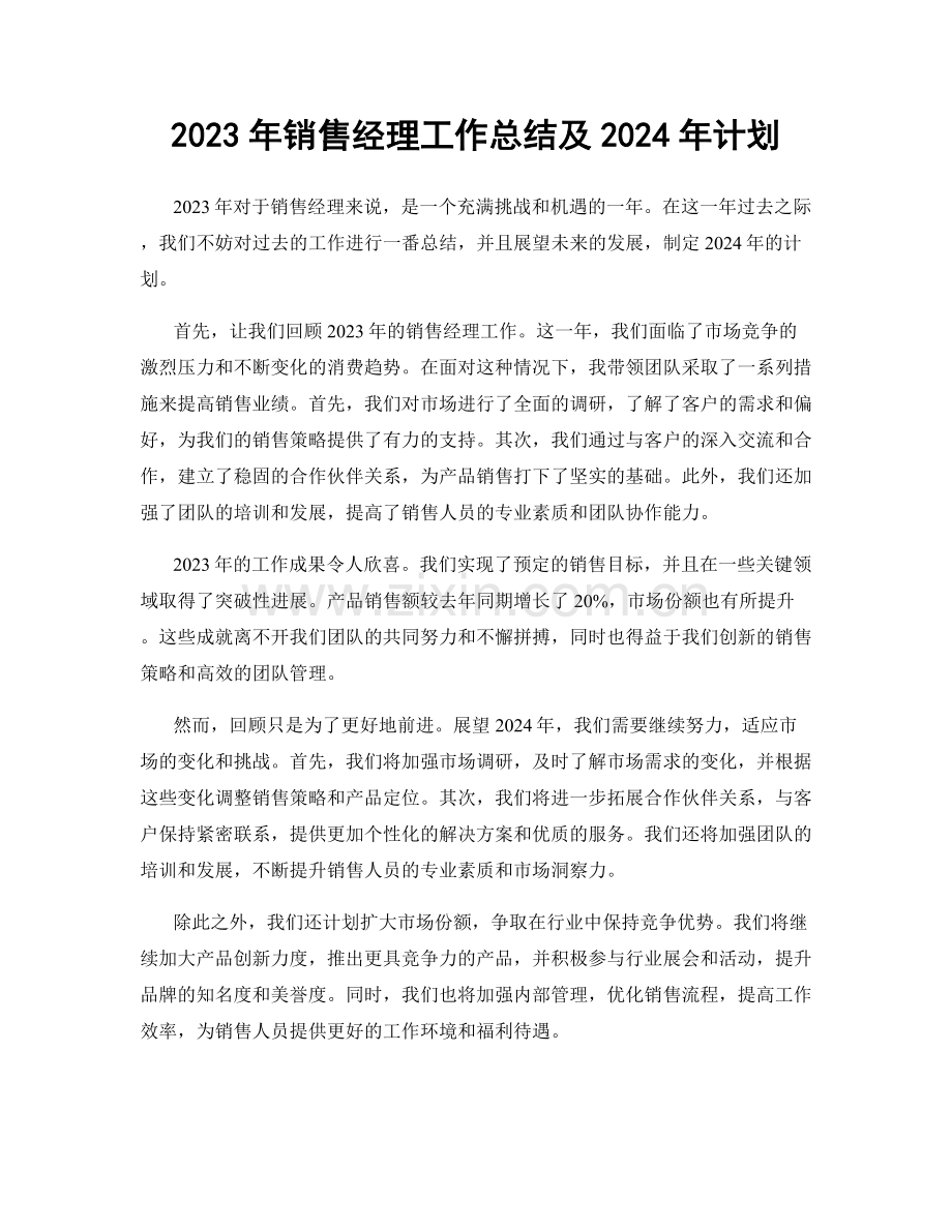 2023年销售经理工作总结及2024年计划.docx_第1页