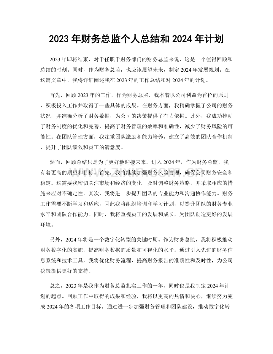 2023年财务总监个人总结和2024年计划.docx_第1页