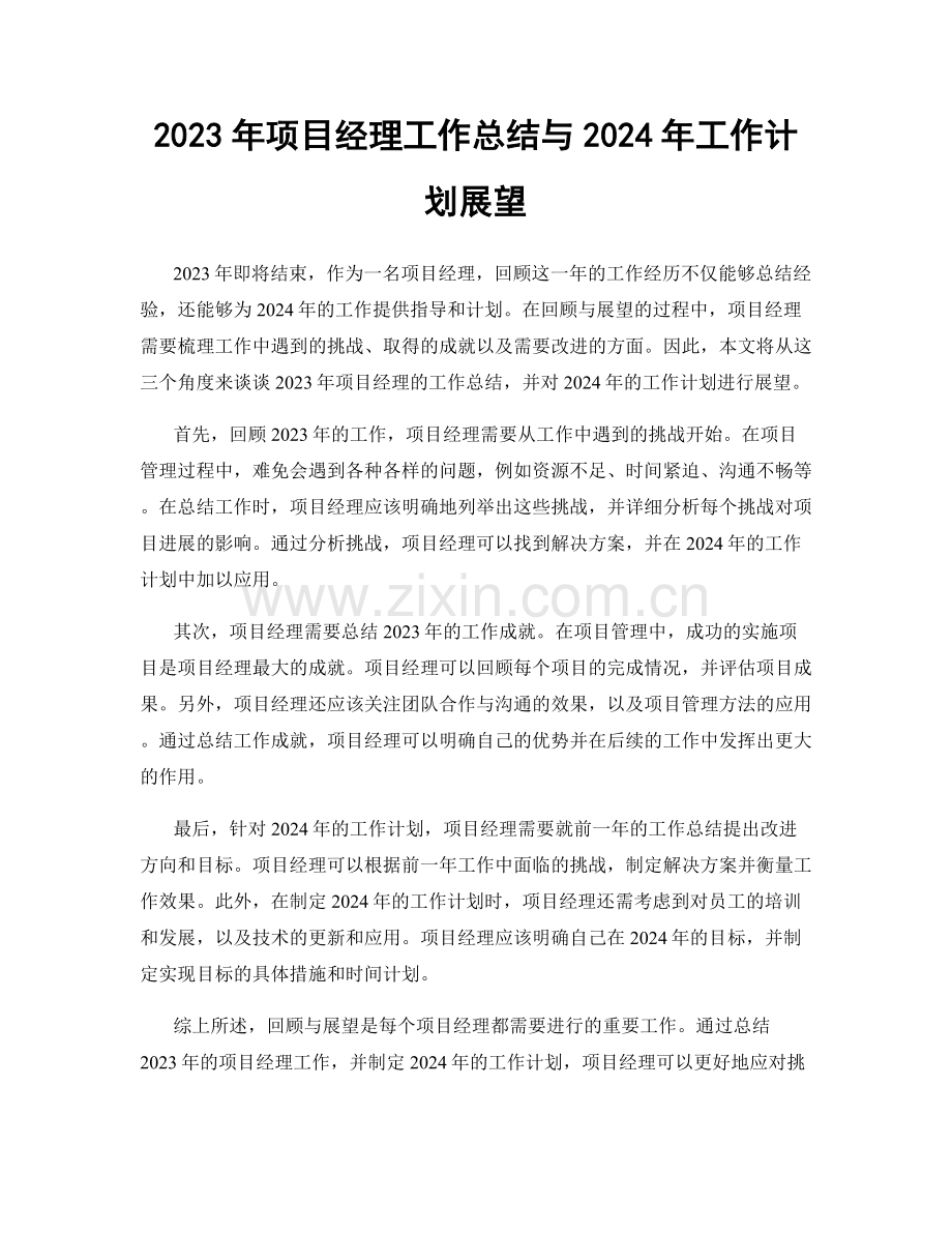 2023年项目经理工作总结与2024年工作计划展望.docx_第1页