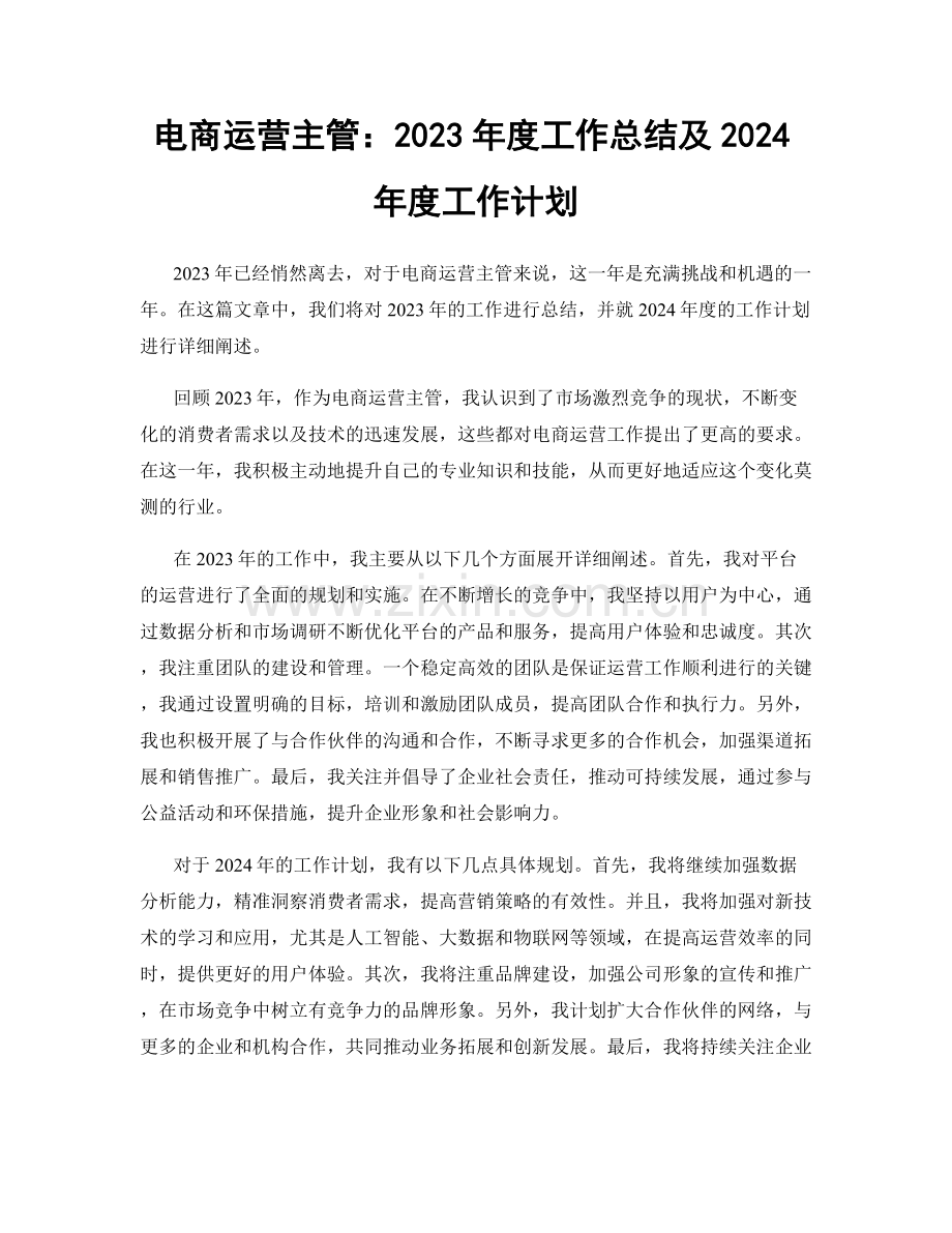 电商运营主管：2023年度工作总结及2024年度工作计划.docx_第1页