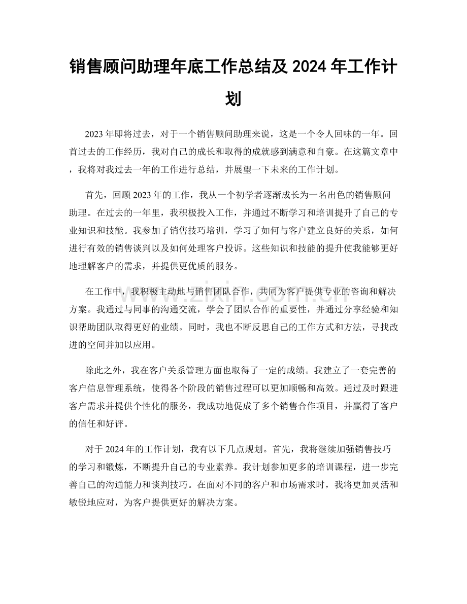 销售顾问助理年底工作总结及2024年工作计划.docx_第1页