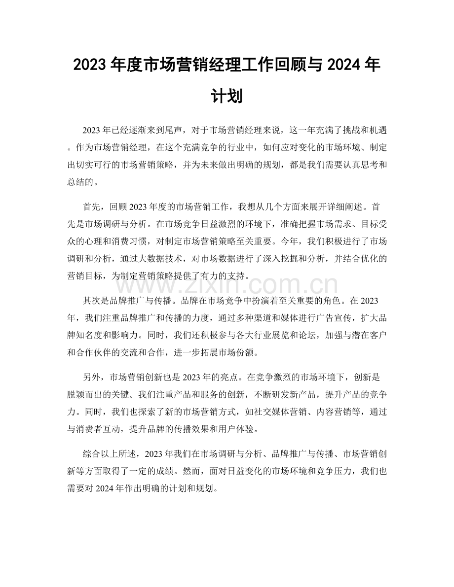 2023年度市场营销经理工作回顾与2024年计划.docx_第1页