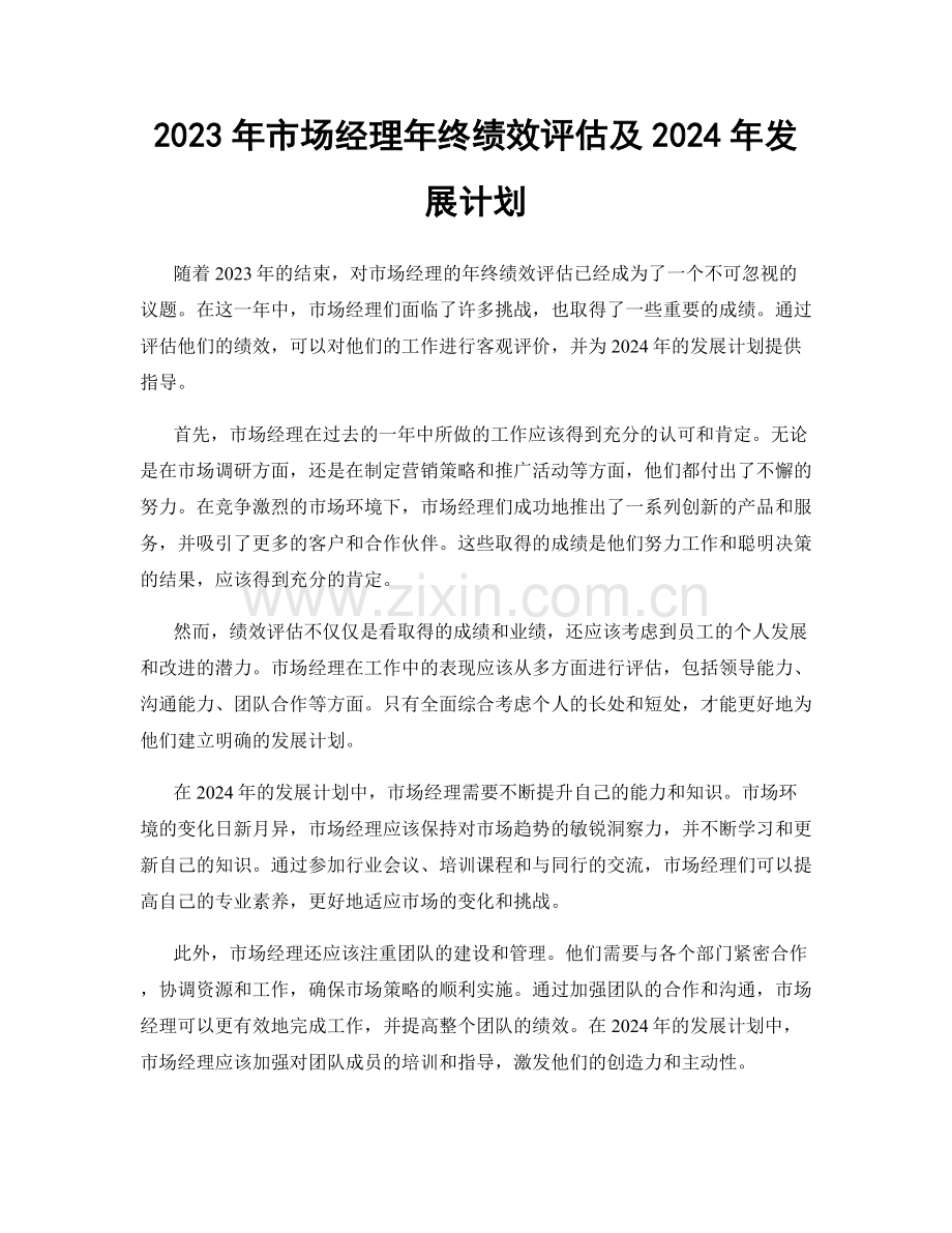 2023年市场经理年终绩效评估及2024年发展计划.docx_第1页