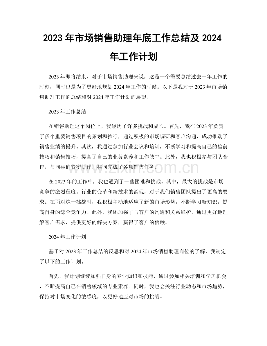 2023年市场销售助理年底工作总结及2024年工作计划.docx_第1页