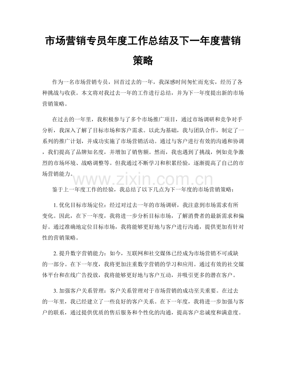 市场营销专员年度工作总结及下一年度营销策略.docx_第1页