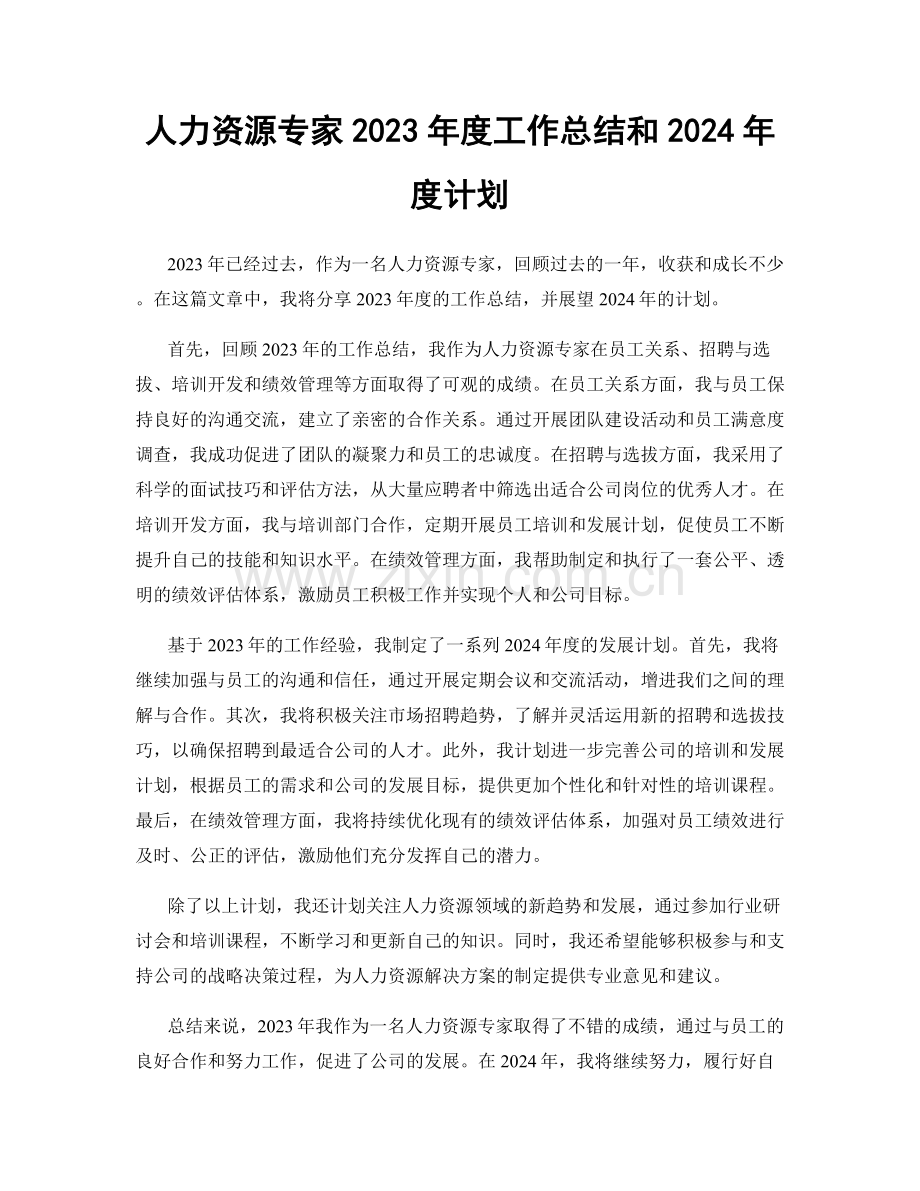 人力资源专家2023年度工作总结和2024年度计划.docx_第1页