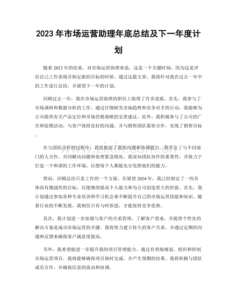 2023年市场运营助理年底总结及下一年度计划.docx_第1页