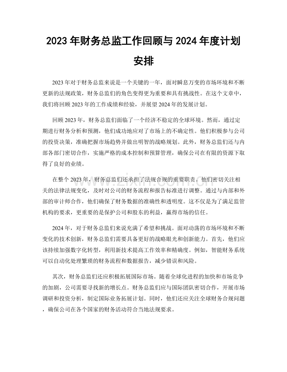 2023年财务总监工作回顾与2024年度计划安排.docx_第1页