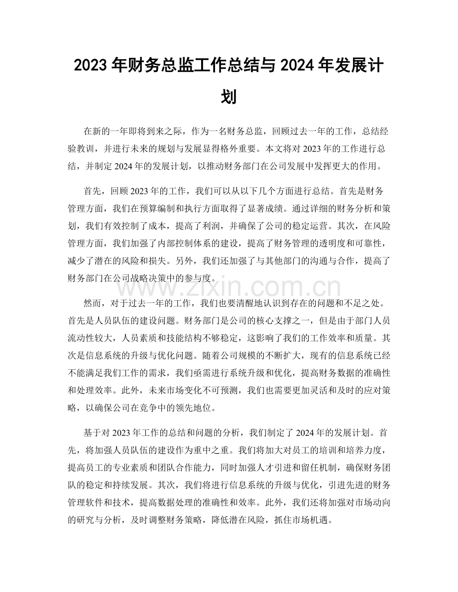 2023年财务总监工作总结与2024年发展计划.docx_第1页