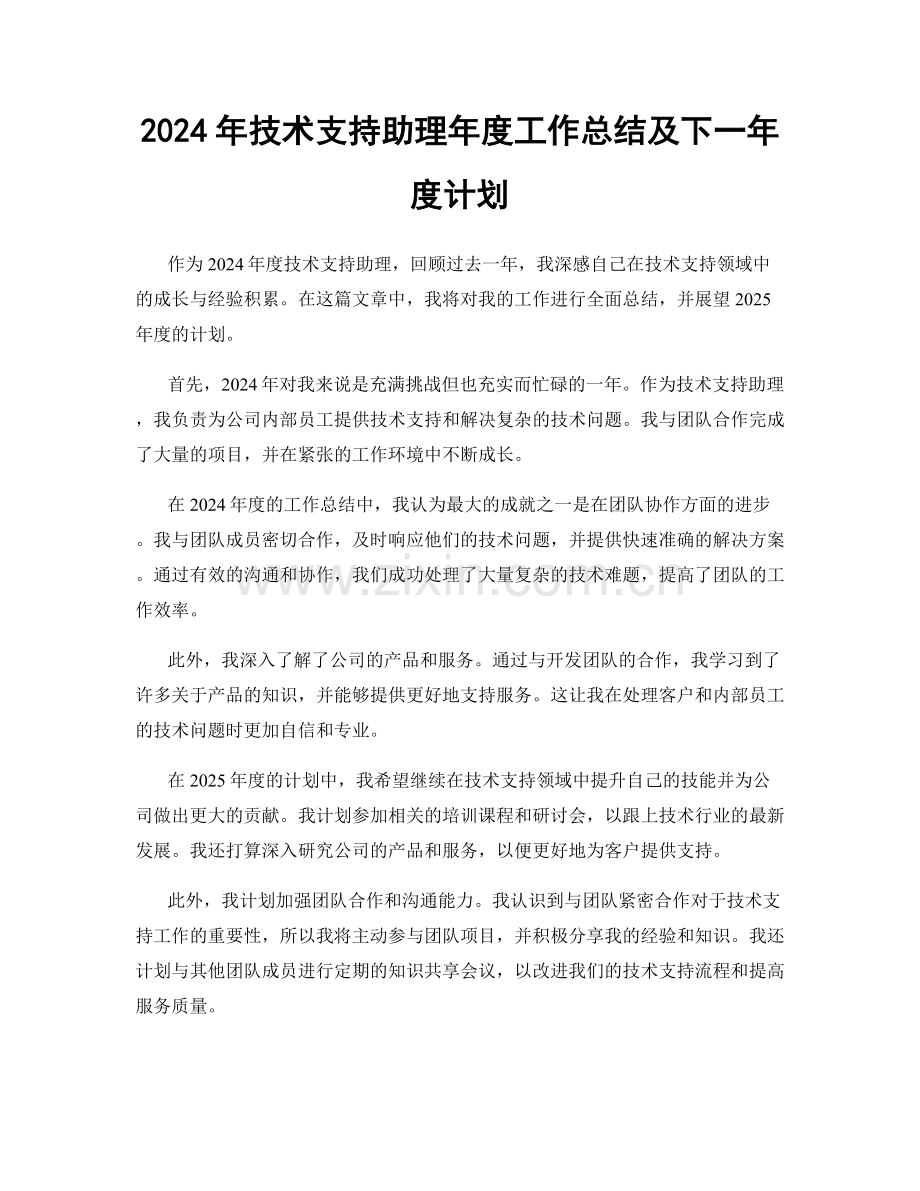 2024年技术支持助理年度工作总结及下一年度计划.docx_第1页