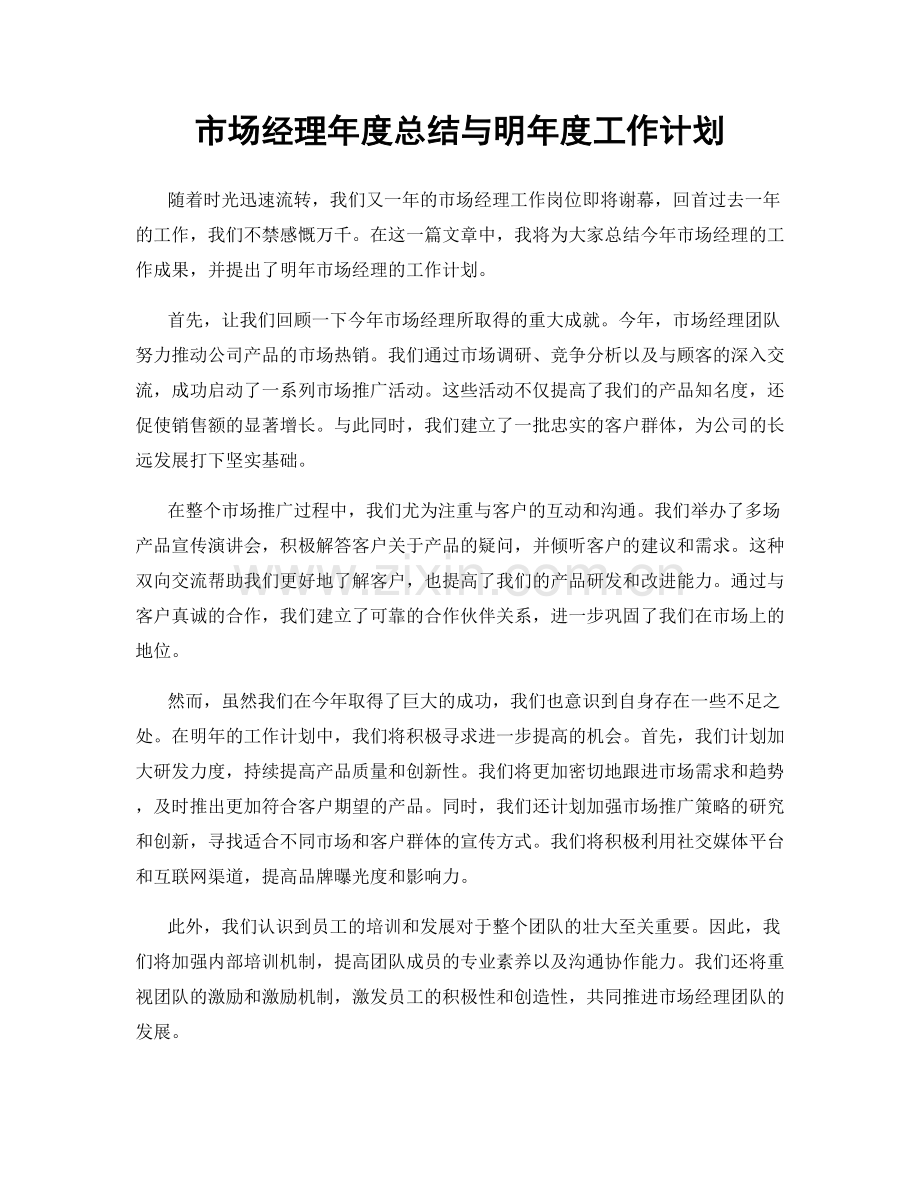 市场经理年度总结与明年度工作计划.docx_第1页