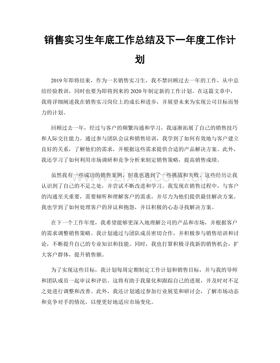 销售实习生年底工作总结及下一年度工作计划.docx_第1页