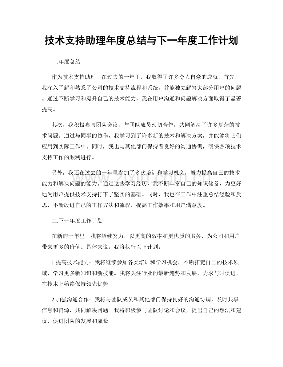 技术支持助理年度总结与下一年度工作计划.docx_第1页