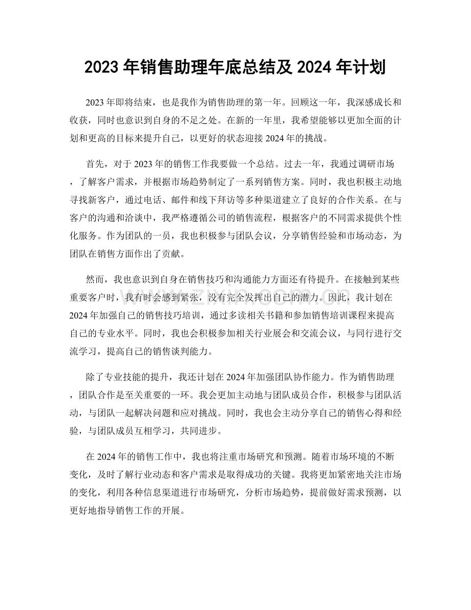 2023年销售助理年底总结及2024年计划.docx_第1页