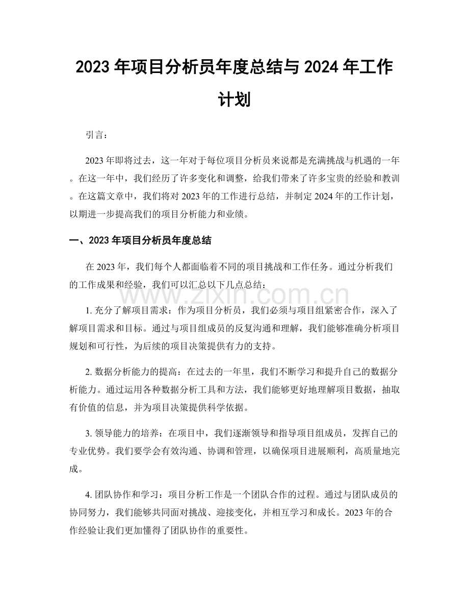 2023年项目分析员年度总结与2024年工作计划.docx_第1页