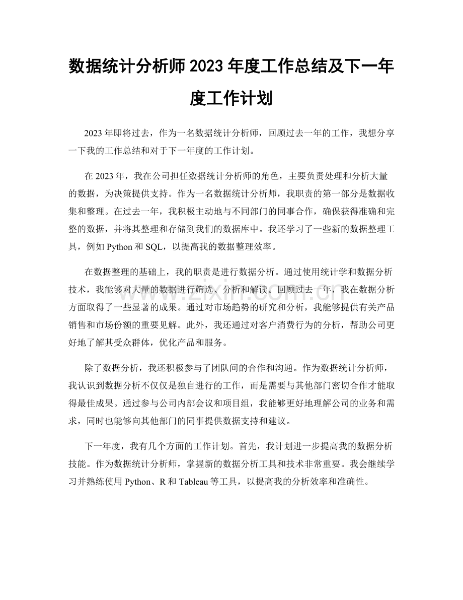 数据统计分析师2023年度工作总结及下一年度工作计划.docx_第1页