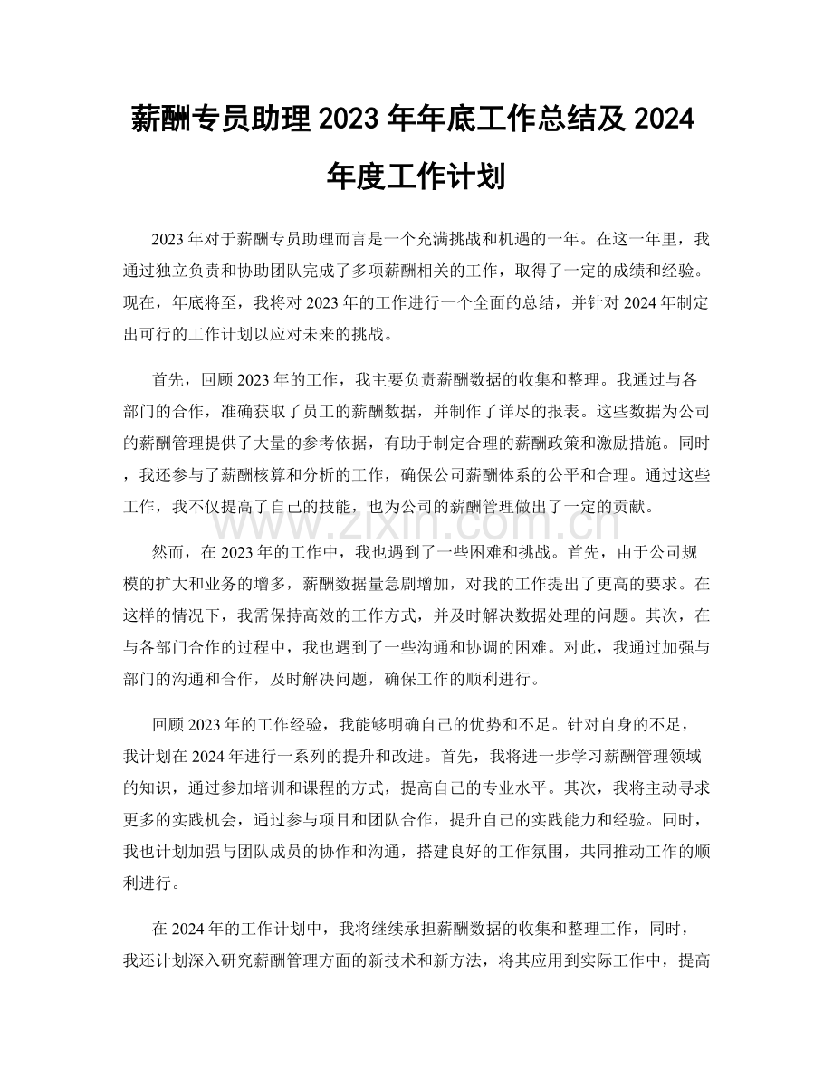 薪酬专员助理2023年年底工作总结及2024年度工作计划.docx_第1页