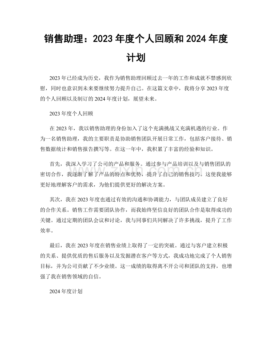 销售助理：2023年度个人回顾和2024年度计划.docx_第1页