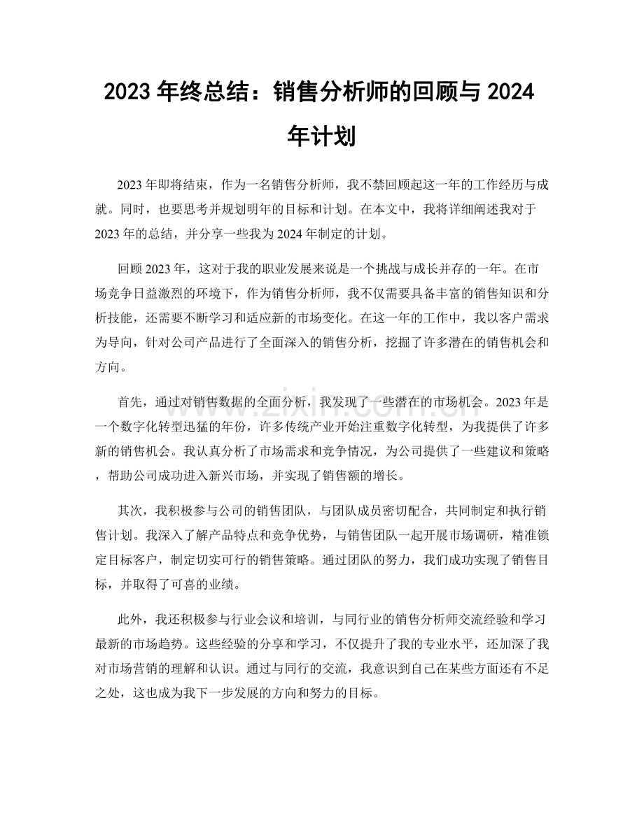 2023年终总结：销售分析师的回顾与2024年计划.docx_第1页