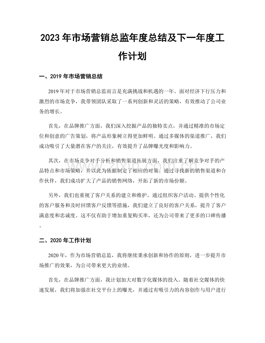 2023年市场营销总监年度总结及下一年度工作计划.docx_第1页