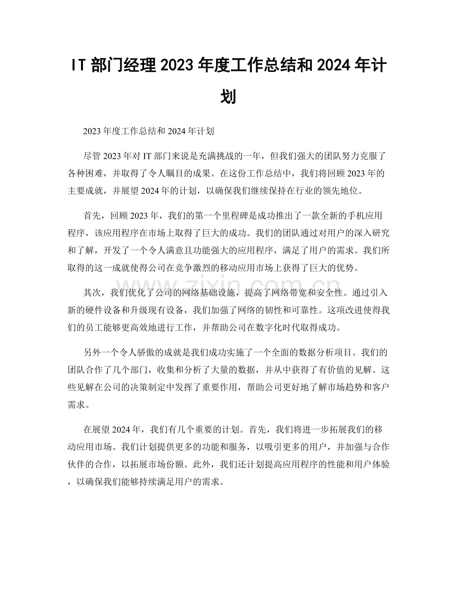 IT部门经理2023年度工作总结和2024年计划.docx_第1页