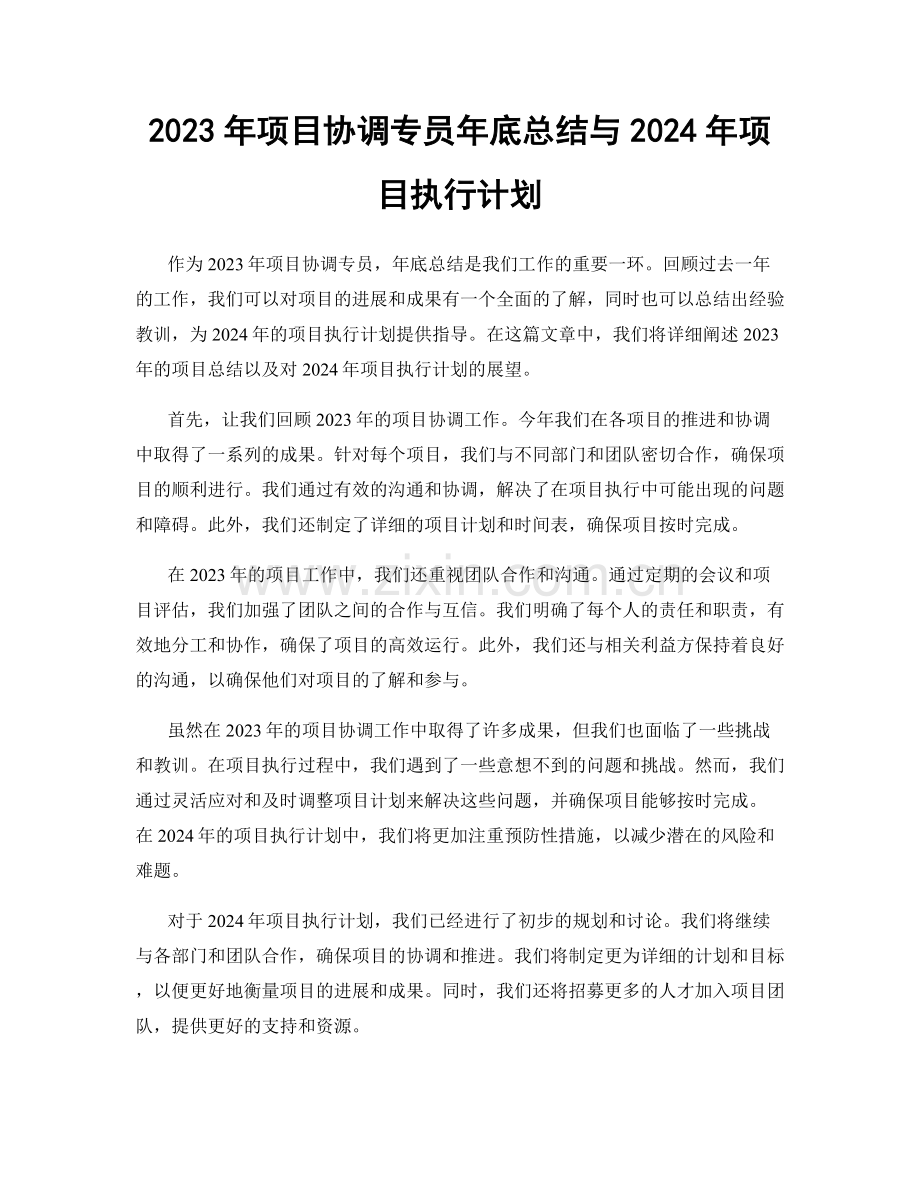 2023年项目协调专员年底总结与2024年项目执行计划.docx_第1页