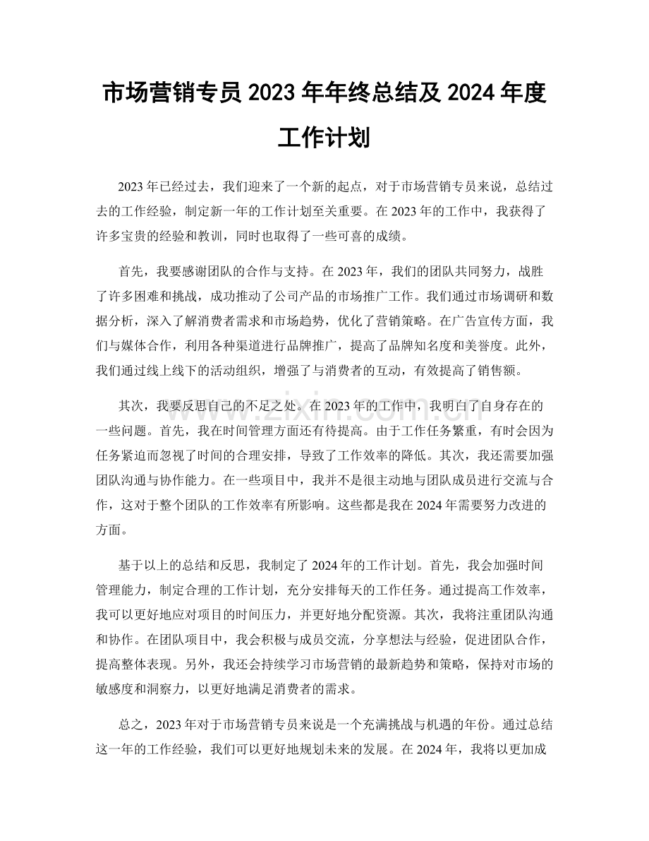 市场营销专员2023年年终总结及2024年度工作计划.docx_第1页