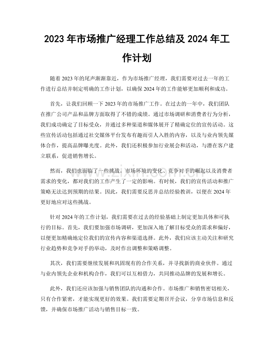 2023年市场推广经理工作总结及2024年工作计划.docx_第1页