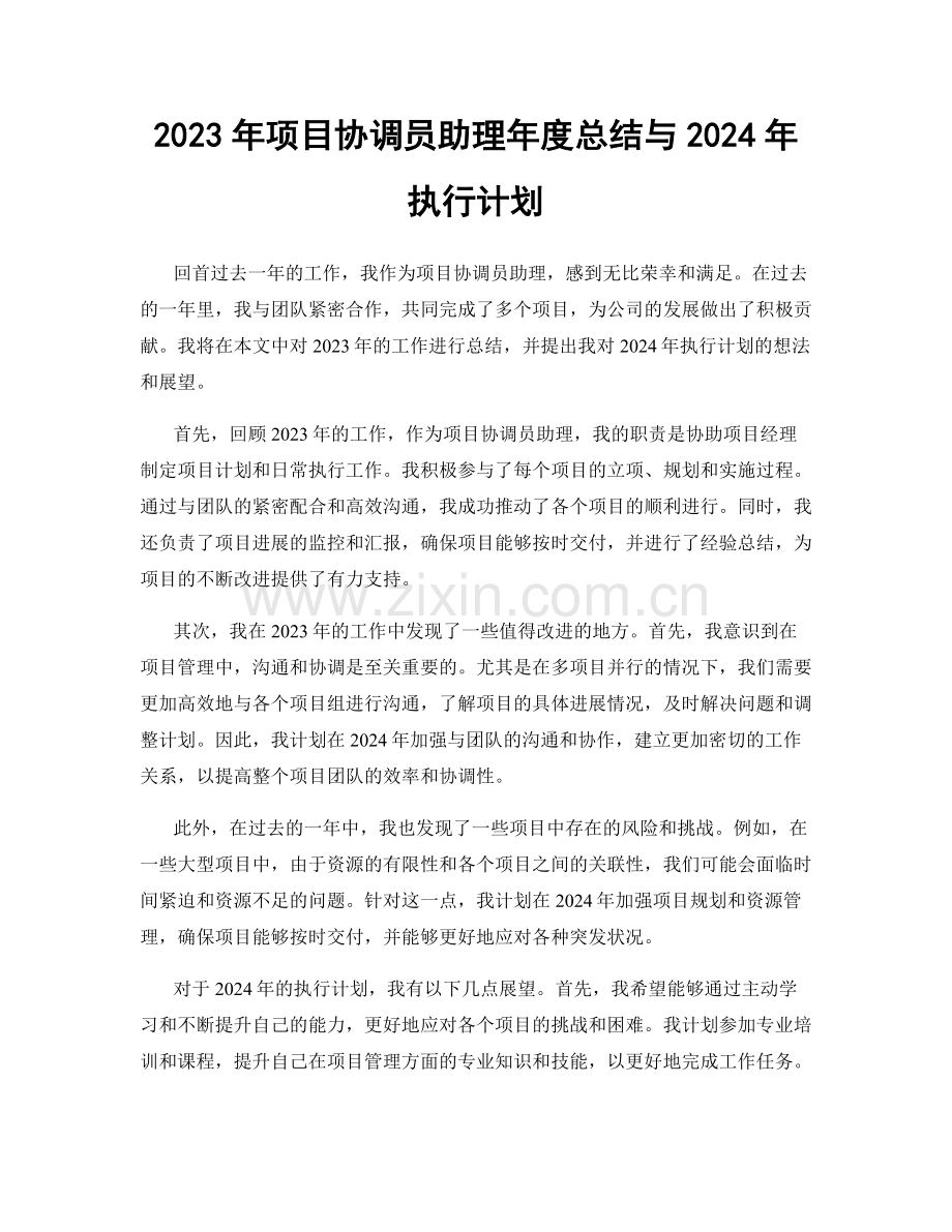 2023年项目协调员助理年度总结与2024年执行计划.docx_第1页