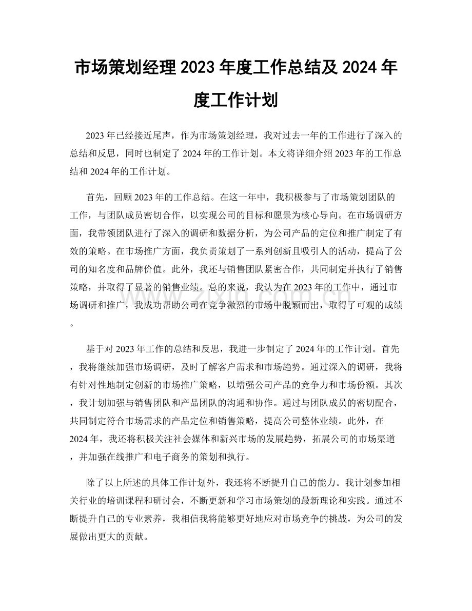 市场策划经理2023年度工作总结及2024年度工作计划.docx_第1页