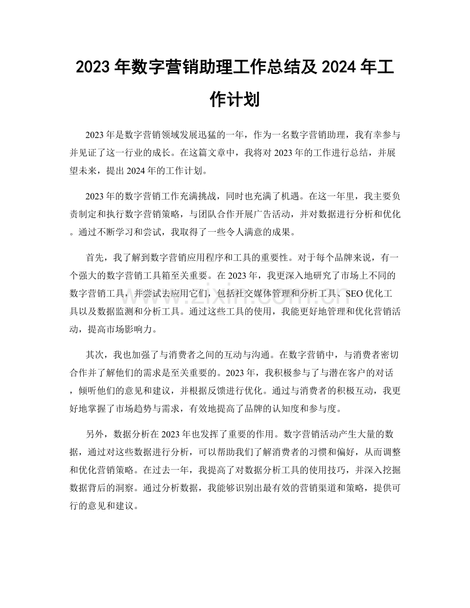 2023年数字营销助理工作总结及2024年工作计划.docx_第1页