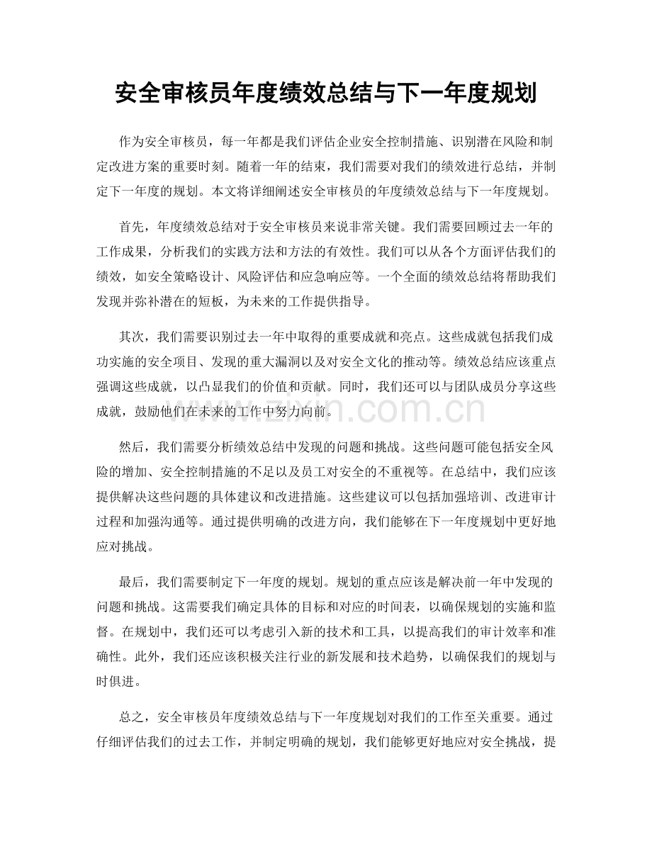 安全审核员年度绩效总结与下一年度规划.docx_第1页