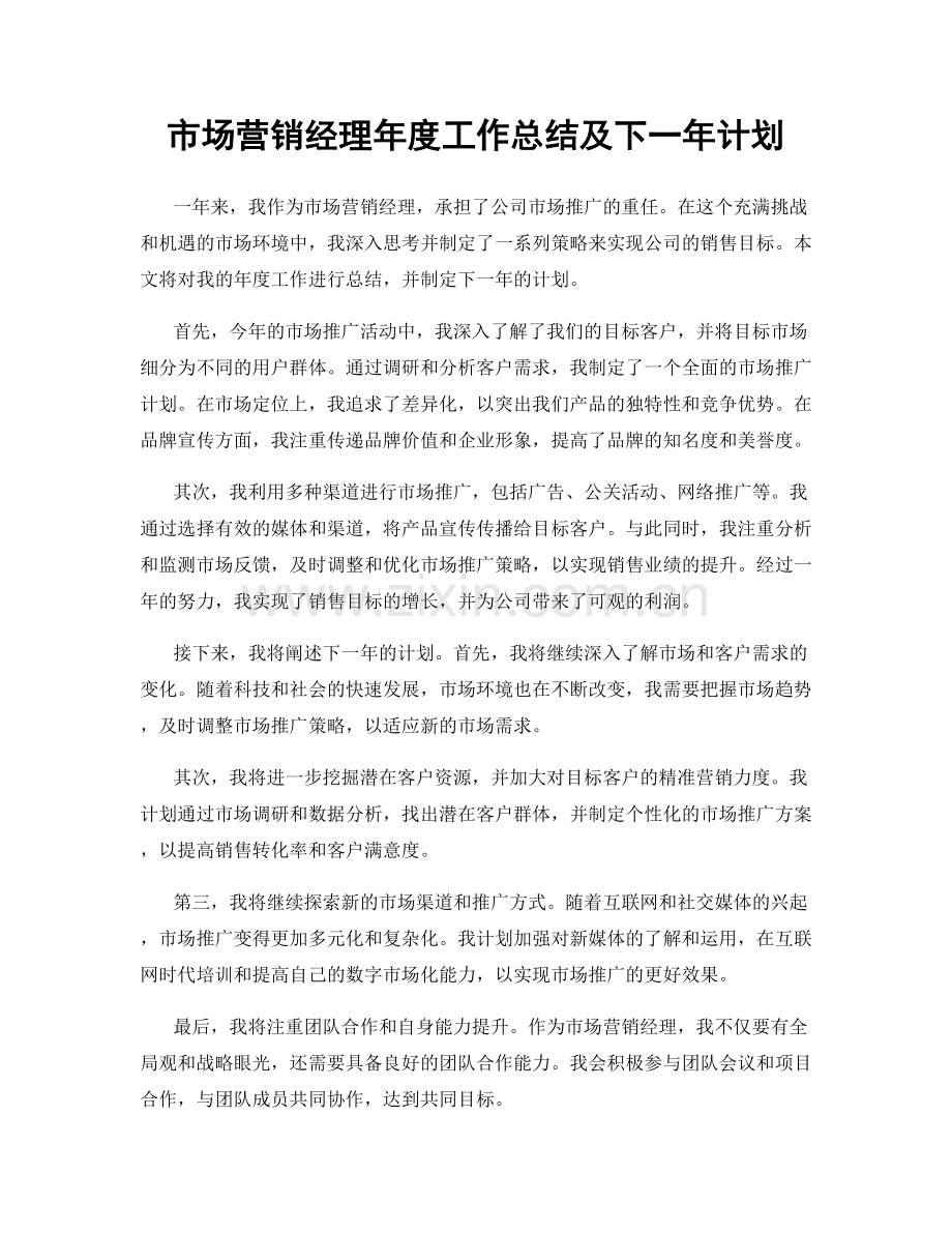 市场营销经理年度工作总结及下一年计划.docx_第1页