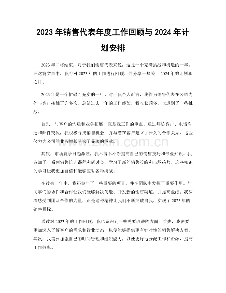 2023年销售代表年度工作回顾与2024年计划安排.docx_第1页