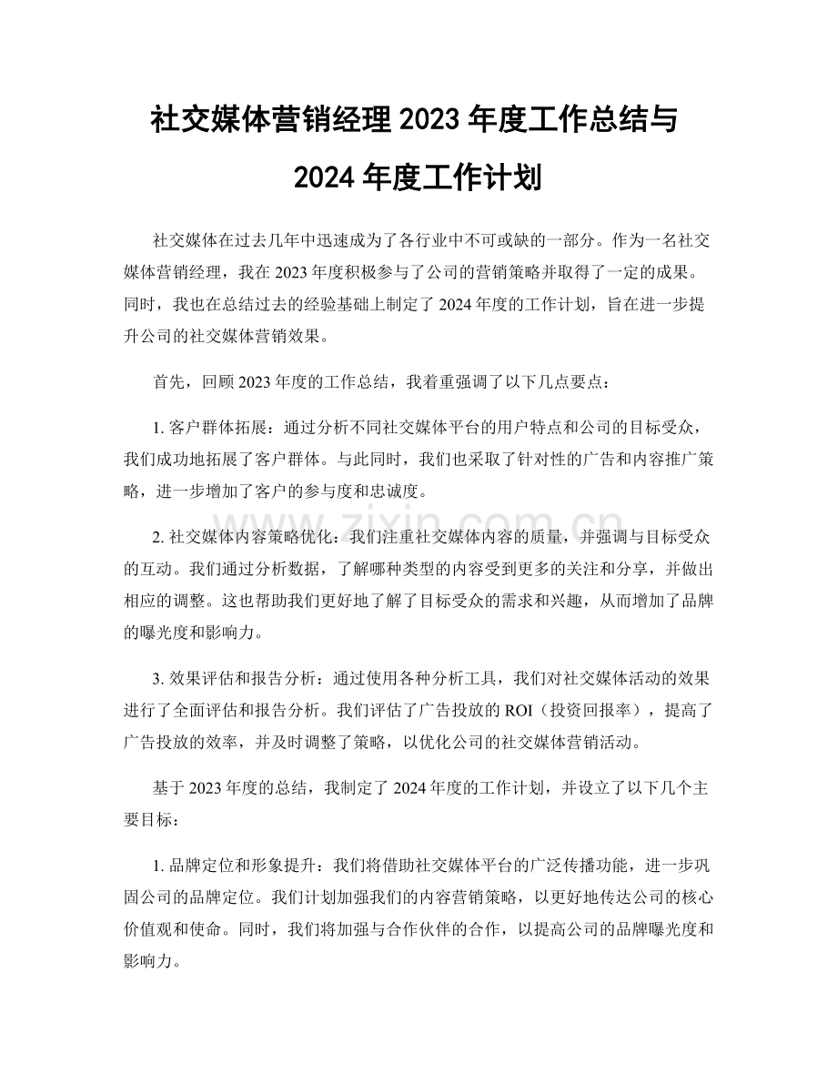 社交媒体营销经理2023年度工作总结与2024年度工作计划.docx_第1页