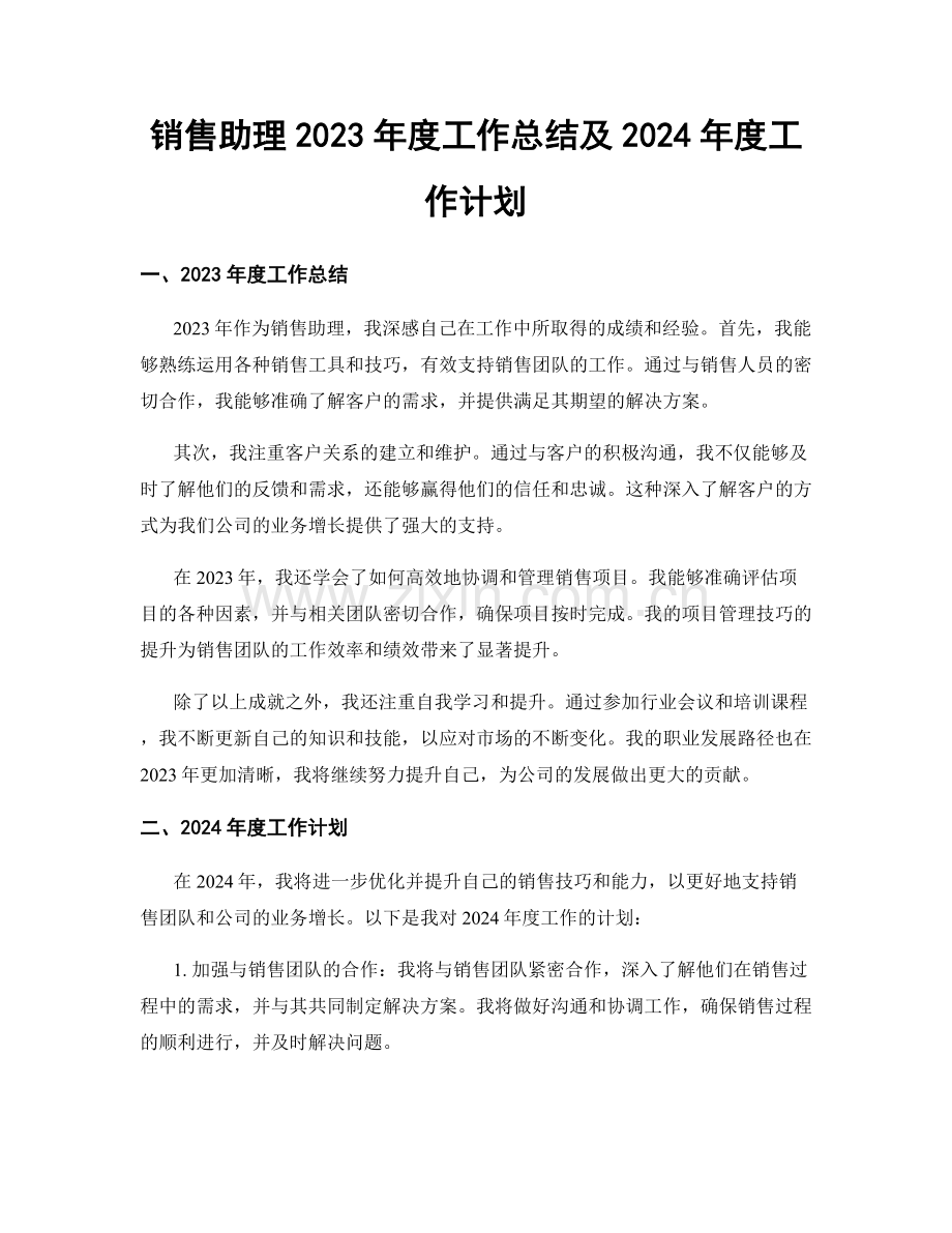 销售助理2023年度工作总结及2024年度工作计划.docx_第1页