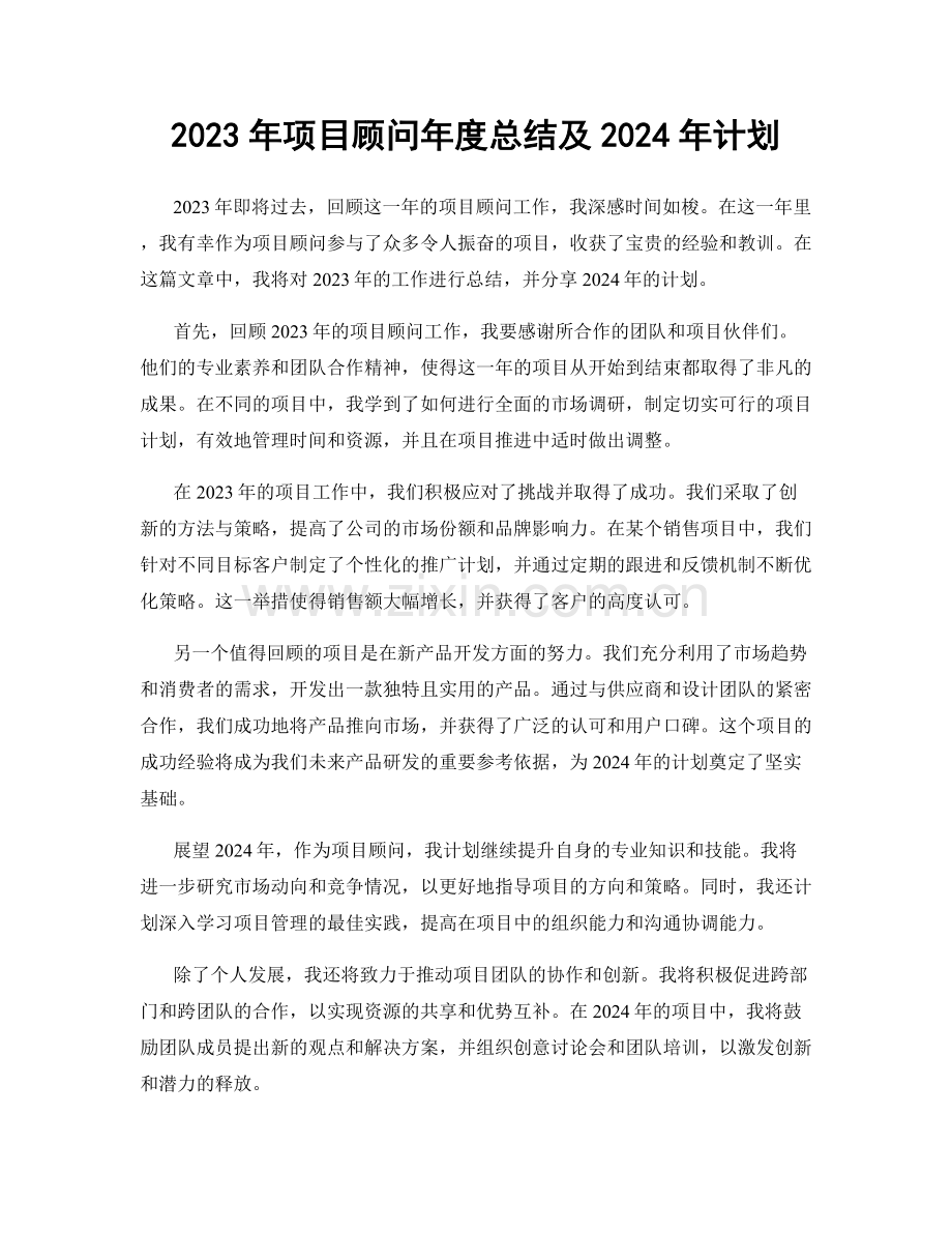 2023年项目顾问年度总结及2024年计划.docx_第1页