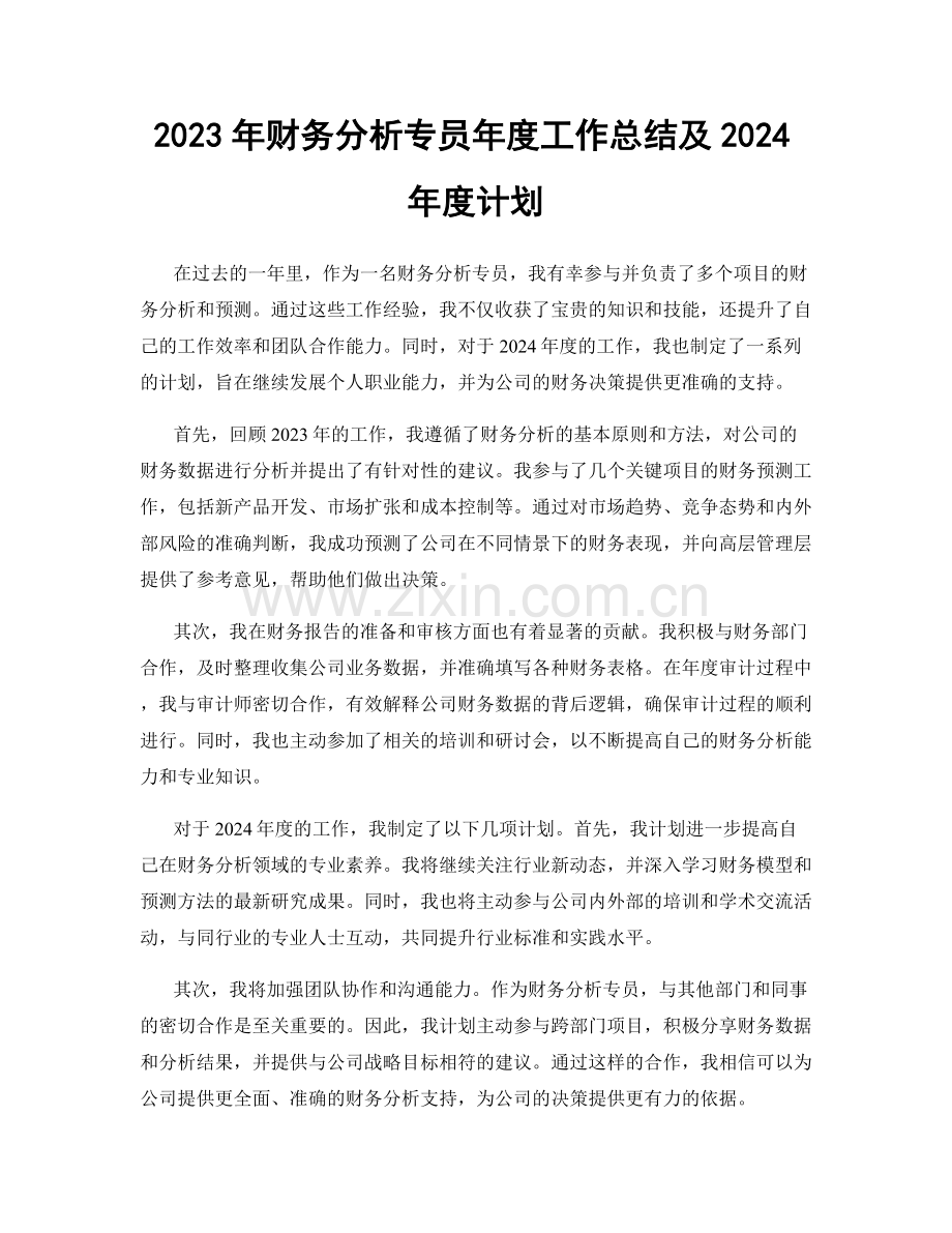 2023年财务分析专员年度工作总结及2024年度计划.docx_第1页