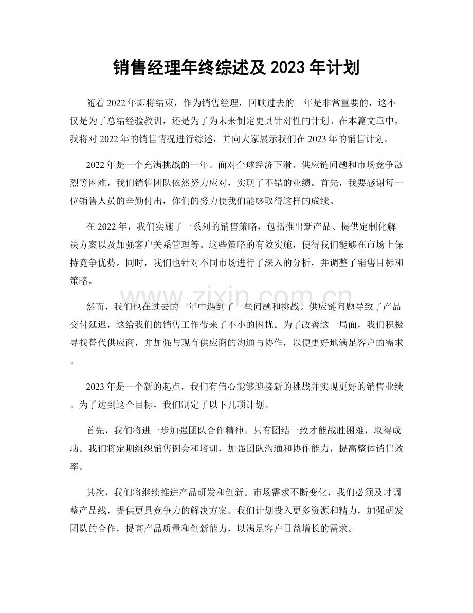 销售经理年终综述及2023年计划.docx_第1页