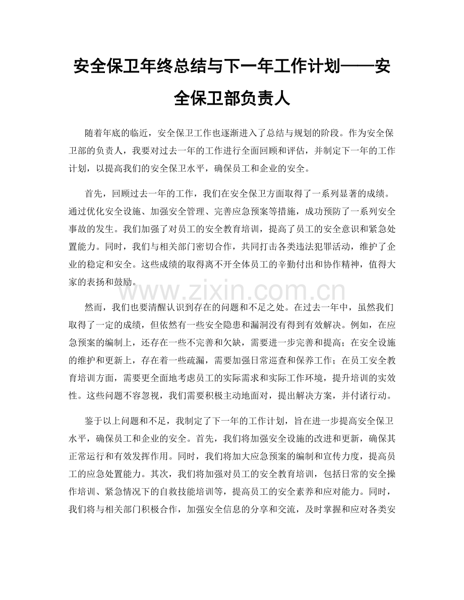 安全保卫年终总结与下一年工作计划——安全保卫部负责人.docx_第1页