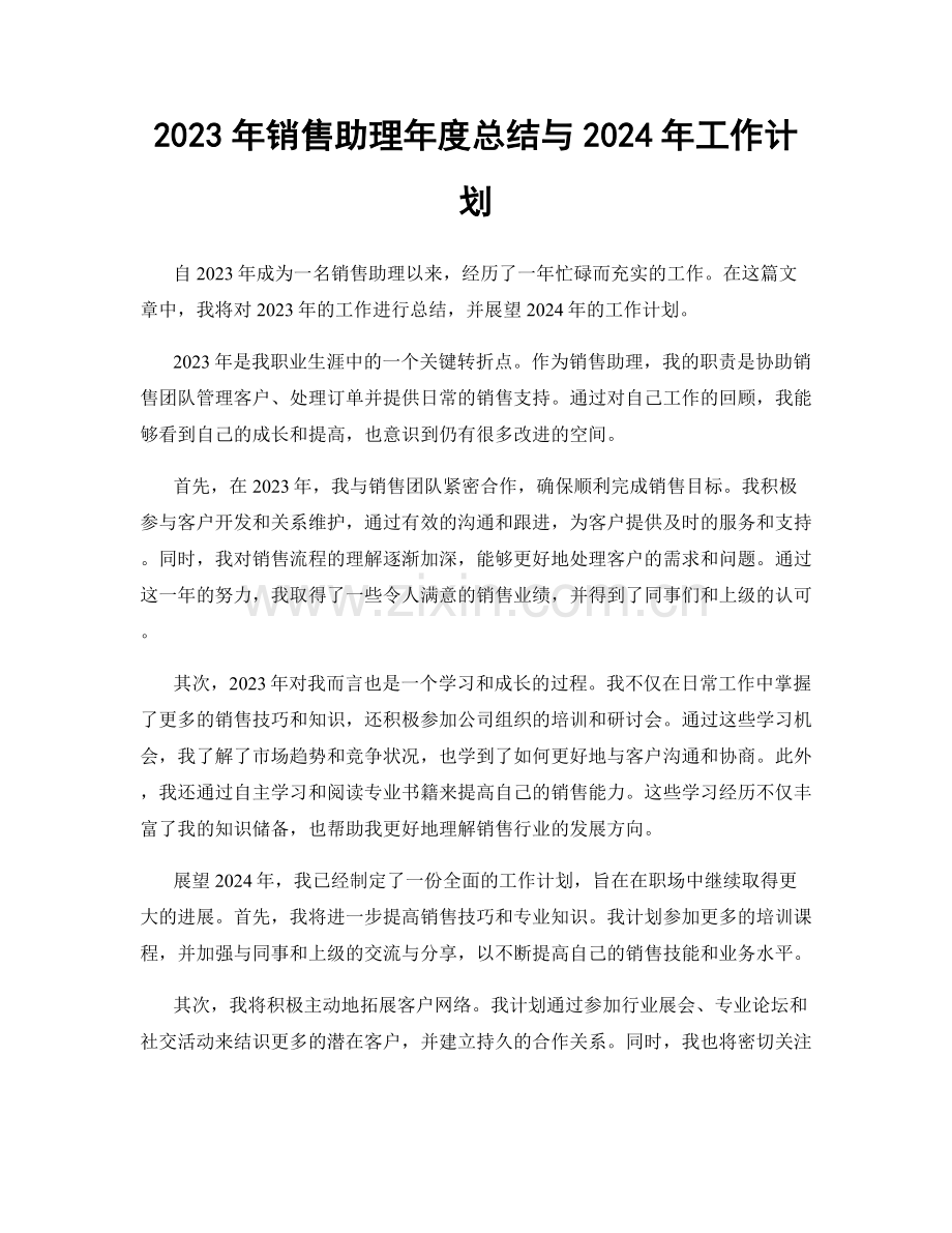 2023年销售助理年度总结与2024年工作计划.docx_第1页