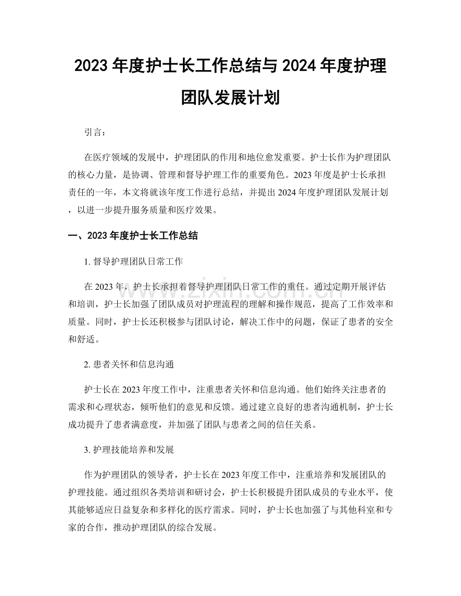 2023年度护士长工作总结与2024年度护理团队发展计划.docx_第1页