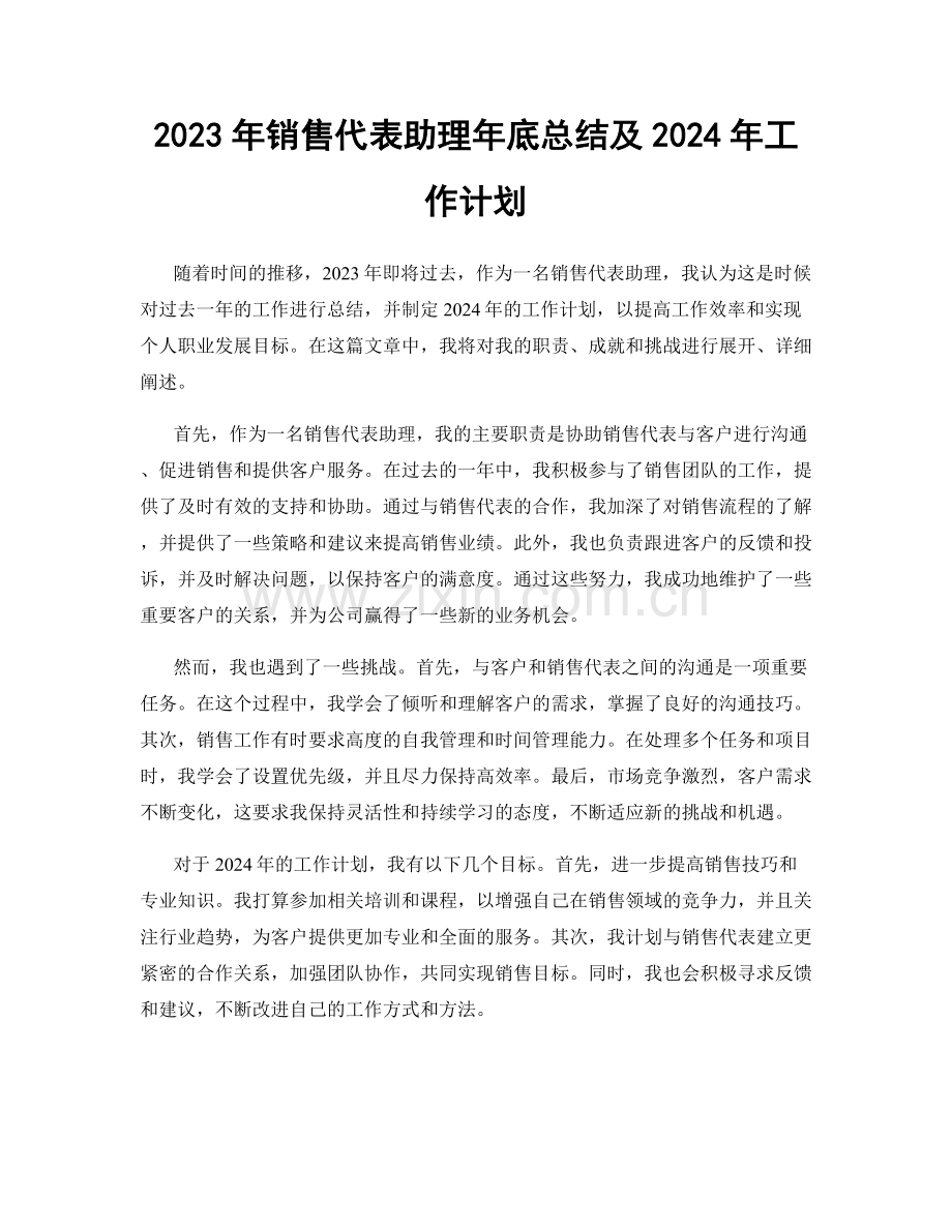 2023年销售代表助理年底总结及2024年工作计划.docx_第1页